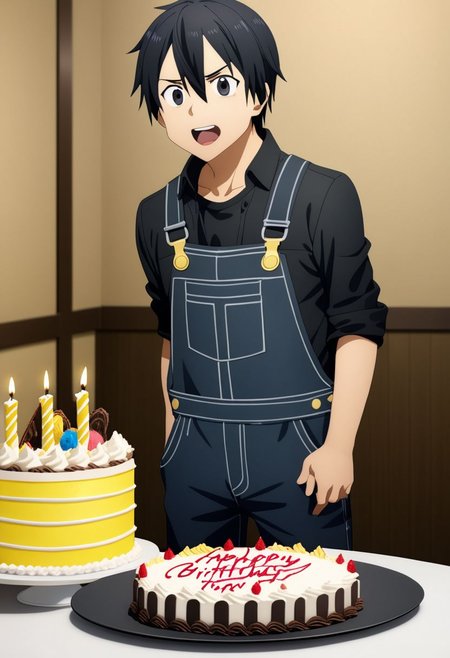 high resolution, professional photography, best quality, 1Boy, Kirigaya Kazuto, Black Hair, Black Eyes, overalldetail, surprise, birthday surprise, funny, birthday cake, birthday party