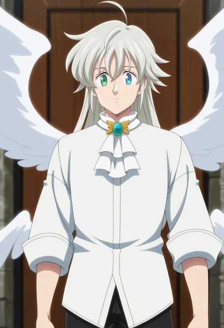 masterpiece, best quality, anime screencap, official style, anime coloring, cowboy shot, 1boy, solo, male focus, <lora:tristan_liones_ilxl:0.96>, tristan_liones, grey hair, green eyes, long hair, ahoge, white shirt, white ascot, heterochromia, blue eyes, white wings