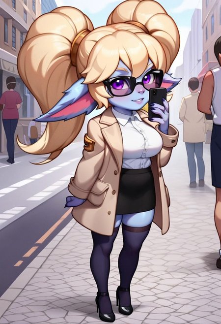 score_9,score_8_up,score_7_up,detailed eyes, beautiful, detailed background, perfect eyes,source_anime, very aesthetic, anime screencap, anime coloring,source_furry,
1girl,Poppy,lol,yordle,colored skin,blue skin,large breasts,large thighhighs,fluffy ears,blonde hair,twintails,purple eyes,
 Long black heels, black skirt,white shirt,beige coat,sunglasses,phone in hand,
street,