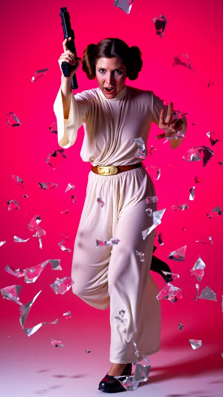 <lora:Carrie_Fisher_Flux:1.2> A dynamic, high-energy scene captures Carrie Fisher as Princess Leia Organa holding a blaster from starwars pointed at viewer in a fierce pose, mid-action as she bursts through a shattered glass surface, shards flying in all directions. Perfect hands. The background is a solid, vivid HotPink, creating a stark, intense contrast with the sharp, reflective fragments of glass. She's a young woman with fair skin and brown hair styled in two large, round buns, dressed in her iconic white, floor-length gown, which features a high neck and long, flowing sleeves.   Her body is marked with small cuts from the glass, droplets of blood glistening under the light. Her expression is one of pure fury, his eyes locked onto the viewer as if they are the target of her rage. Her pose is explosive, one leg extended forward as if sheâs leaping through the air, his arms raised defensively or ready to strike. The glass shards around him are frozen in mid-air, their jagged edges catching the light and creating a chaotic, almost surreal effect. The HotPink background amplifies the intensity of the moment, evoking a sense of danger and raw emotion. The atmosphere is charged with adrenaline, the aftermath of his violent breakthrough palpable in every detail. The image feels as if itâs happening directly in front of the viewer, Carrie Fisher as Princess Leia Organaâs momentum and the flying glass creating a sense of immediacy and immersion. Itâs a moment of chaos and power, a snapshot of rage and determination frozen in time. The combination of the HotPink backdrop, the sharp glass, and Carrie Fisher as Princess Leia Organaâs fierce expression makes for a visually striking and emotionally charged composition. She goes forward, driven by duty and the promise of glory.