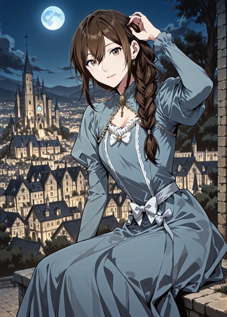 <lora:Lilia_Helstea__The_Beginning_After_the_End__Illustrious:1>
1 girl, solo, brown hair, brown eyes, long hair, hair between eyes, single braid
blue dress, long sleeves, puffy sleeves, bow, earrings
score_9, score_8_up, score_7_up, very aesthetic, source_anime, detailed, high quality, beautiful, masterpiece, detailed eyes, castle, village, blurry background, cityscape, pose dynamic angle, light smile, open mouth, hand on hair, sitting, looking at viewer, night, blue moon, <lora:iLLMythG0thicL1nes:1>
