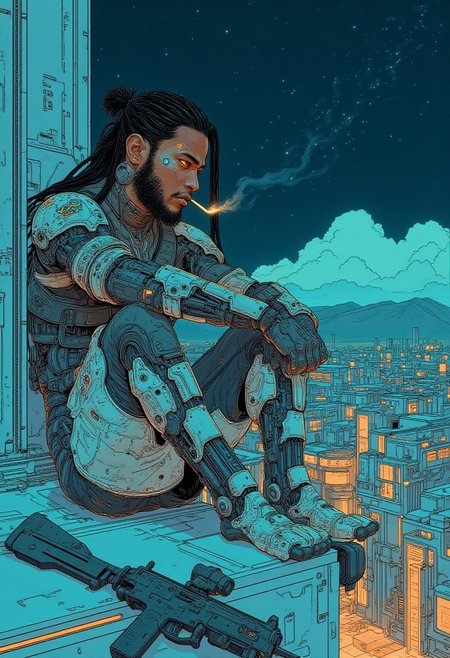 A (full body portrait:1.4) of a 26 year old African american man. He has long black hair in dread locks tied up. He has a short beard. He has a black and white futuristic body suit and cybernetic arms. He is sitting on the side of a roof smoking a cigarette. A rifle on the ground next to him. (Night) stars and distant galaxies visable in the sky
There is a scar over his left eye. 
cyberpunk, high-quality digital artwork, detailed background