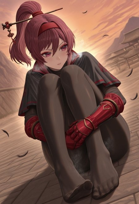 silvertsuki,  outdoors, undershirt, falling feathers, black bodysuit, hair stick, hugging own legs, , gauntlets,   eyeshadow,   red gloves,  high ponytail,  , black capelet, red hairband, pink eyes, 1girl, solo, feet, visible breath,   dynamic angle, foreshortening, smell, steam,