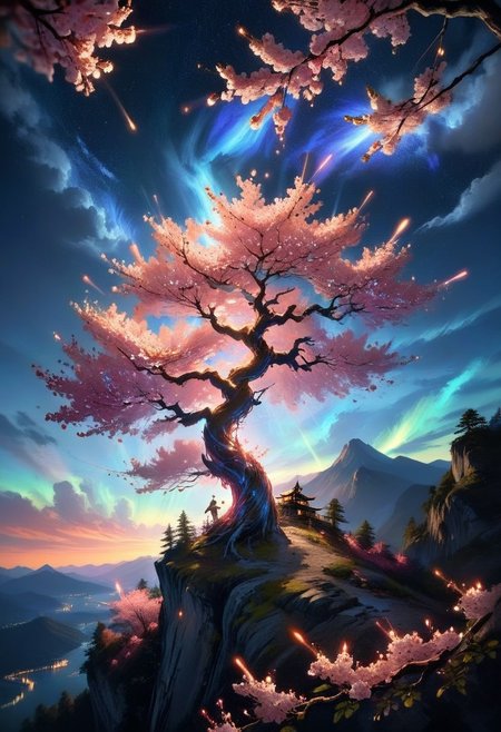 score_9, score_8_up, score_8, full color painting of lone ancient sakura tree, solo, one tree,  over mountain edge, on the top of mountain, pink blossom, petals on the wind, far view, night time, stars in the sky, comet, landscape, dramatic lights,  sparkles around, insane details, intricate details, hyperdetailed, soft cinematic light, dim colors, exposure blend, hdr, faded