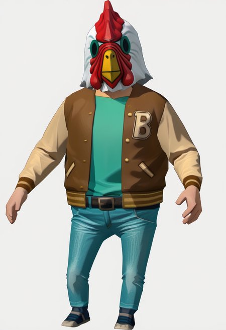 score_9, score_8_up, score_7_up, source_anime, 1boy, solo
<lora:zs_WindWakerStyleXL:1> windwakerstyle, 3d, full body, white background
 <lora:ChamJacketHotlineMiamiPonyXL:1> JacketHotlineMiami, mask, letterman jacket, brown jacket, green shirt, belt, jeans