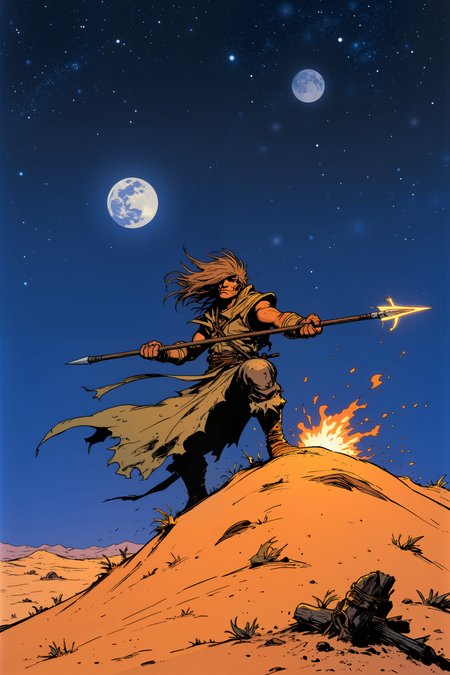 Under the vast expanse of a star-filled desert sky, a nomadic warrior with bronze skin and windswept, sandy-brown hair practices his spear techniques atop a massive sand dune. His simple, yet elegant robes are tied tightly around his body, their tattered edges billowing in the warm desert breeze. The spear in his hands, tipped with a glowing shard of obsidian, moves with precision as he thrusts, spins, and parries against imaginary foes. The desert around him stretches endlessly, the dunes glowing faintly under the light of the twin moons, their pale illumination casting long, sharp shadows across the landscape. The air is cool and dry, carrying the faint scent of sage and the distant hum of nocturnal insects. His movements are fluid and graceful, each strike of his spear kicking up small clouds of sand that glimmer like gold dust in the moonlight. A nearby campfire crackles softly, its light casting a warm glow on his determined features as he pauses to adjust his stance. The distant sound of shifting sand and the occasional howl of the wind create an almost meditative backdrop to his solitary training. The scene is both serene and powerful, a lone warrior perfecting his craft under the watchful eyes of the stars. , detailed background  Fantastic lighting. Detailed shadows.intricate details, vivid colors, hyper-detailed, ultra-sharp, High resolution, high detail. Highly detailed. <lora:Ev_Ganin:0.4><lora:Vintage comic book:0.4><lora:RetroAnimeFluxV1:0.15><lora:Greg_Capullo_style:0.4><lora:jeanClaude_Mzires_Style_FLUX-000001:0.4><lora:Flux_Ink_Anime:0.4>