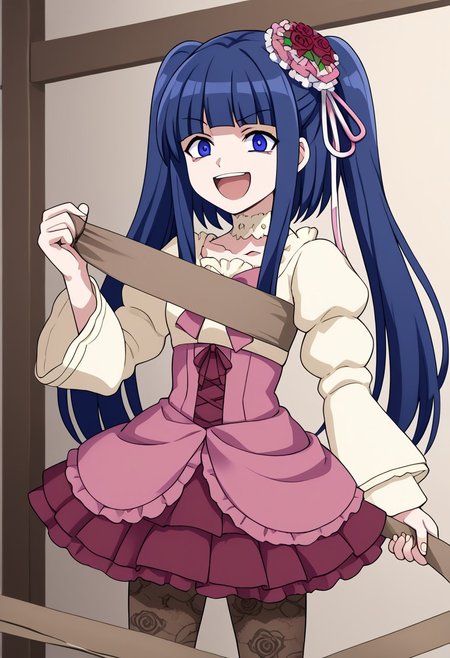 1girl, solo, furudo erika, blue hair, blue eyes, twintails, pink dress, pink bow, long sleeves, hair ornament, pantyhose, choker, shadowed face, crazy smile, open mouth, standing, Holding tape, brown tape, Unraveling Tape, indoors,  dark room, cowboy shot,