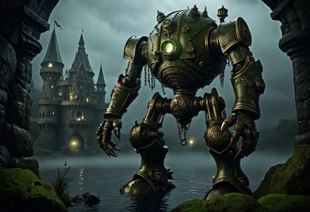 giant bipedal robot olive green and dark amber, bronze paisley robot. lacy robot diving helmet head. outside of a steampunk keep. large detailed torso. dark image. one forty foot tall ancient robot with great arms and two heavy spring legs. dark foggy night background. $dark foggy night image only. dark photo realistic image. steampunk details. cogs, chains and pipes incorporated in the fantasy buildings. magic wizards tower in background. Dark swamp, moss, castle ruins, wizards tower. stormy dark night.