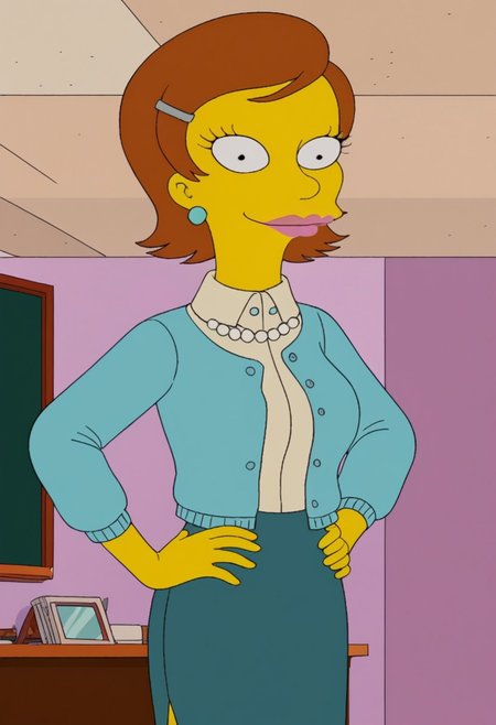 ((bedroom background)),score_9, score_8_up, score_7_up,score_6_up, 
1girl, solo, MsCantwell_TS, yellow skin, black eyes, reddish brown hair, voluminous short hair, silver snap hair clip, pink lipstick, light blue pearl earrings, white pearl necklace, light blue cardigan, cream blouse with collar, teal pencil skirt, black flat shoes, big eyes, tall stature, social smile, perfect eyes, perfect smile, looking at the viewer, big breasts, detailed eyes, perfect eyes, cute, standing, (front pose, bust shot, close up to face, face portrait:1) hands on hips