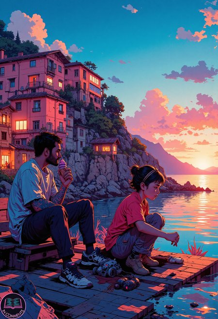 A digital illustration of a family of three sitting on a dockside bench in a cyberpunk fishing village inspired by the Italian coastline of Cinque Terre. The parents are sharing a futuristic gelato served in a glowing, levitating dish, while their young daughter, with bioluminescent streaks in her hair, plays with a small robotic fish by the water's edge. Behind them, vibrant neon shopfronts display holographic advertisements for artisanal seafood and cyber-enhanced diving gear, their reflections shimmering in the ocean. A distant ferry equipped with glowing thrusters hums quietly as it approaches the harbor. The mood is serene and playful, blending natural beauty with the vivid, high-tech charm of the cyberpunk aesthetic.
