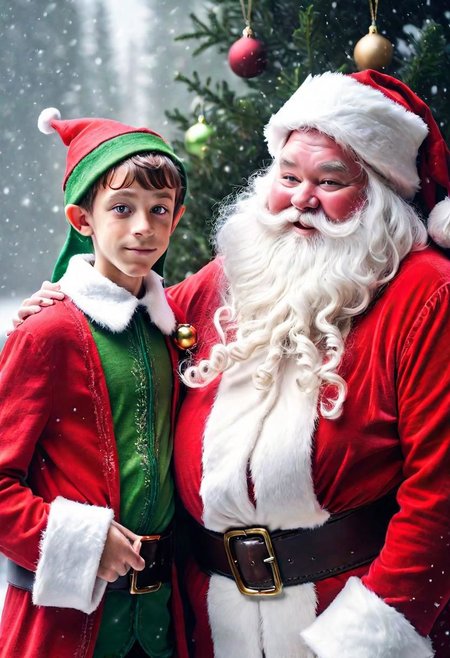 Raw photo of skinny elf boy meet fat Santa claus, elf boy wearing green clothes, fat Santa wearing red clothes, snowing:1.2, (text "Merry Christmas"),