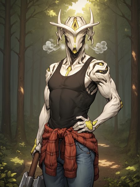 score_9, score_8_up, score_7_up, score_6_up, score_5_up, score_4_up, best quality, highres, detailed background, outside, forest, tree BREAK
<lora:OberonWF_PDXL:0.7> oberonwf, white body, yellow highlights, eyeless, mouthless, looking at viewer, lumberjack, black tank top, red plaid shirt, jeans, holding axe, axe, hand on hip, clothing around waist, breath, steam