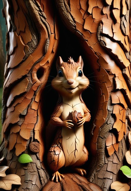 A big tree with a large hole in its trunk, from which a cute little squirrel is emerging, holding an acorn. The setting is whimsical, with a playful and magical atmosphere. The colors are vibrant and the details are sharp, highlighting the textures of the tree bark and the squirrel's fur. The entire scene appears to be slightly distorted or 'borked,' giving it a surreal and quirky feel, as if elements are slightly askew or creatively warped,  <lora:BorkStyle:1>