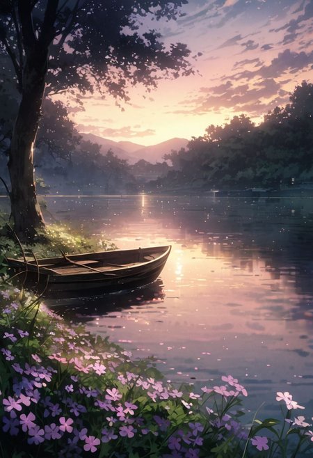 detailed background,( Calm spring night landscape), amongst lush greenery, beautiful view, creeping phlox in full bloom, creeping phlox, early morning, sunrise sky, beautiful clouds, dappled sunlight, outdoor seating, one lamp, Tranquil Lake, Boat on a Lake, depth of field, masterpiece, best quality, ultra-detailed, very aesthetic, illustration, perfect composition, intricate details, absurdres, moody lighting, wisps of light, no humans,