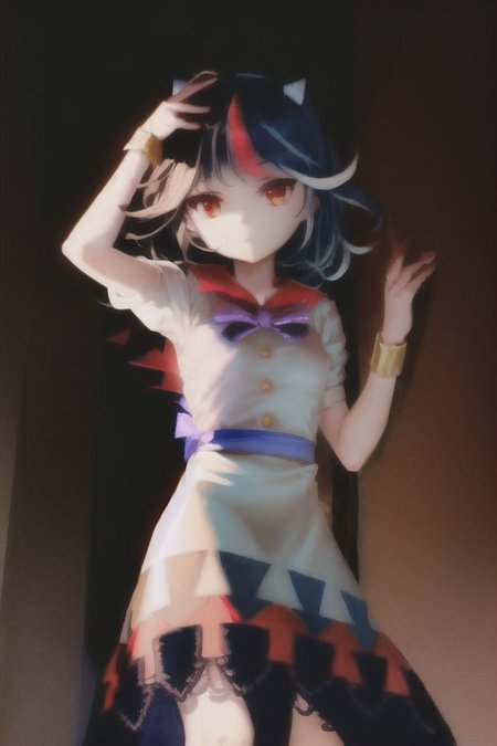 masterpiece, best quality, 1girl, solo, solo focus, (((kijin seija))), horns, red eyes, multicolored hair, black hair, streaked hair, short hair, red hair, white hair, dress, bow, jewelry, bracelet, white dress, blue bow, puffy short sleeves, puffy sleeves, bowtie, blue bowtie, short sleeves, arrow \(symbol\), white shirt, blue sash, purple bowtie, purple bow, buttons, ribbon trim, multicolored clothes, back bow, sash, sailor collar, red sailor collar, <lora:seijaKijin_seijaKijin:1.6>, <lora:death2HorrorLocon_v10:1>, (dark), horror \(theme\), monster, 1other,
