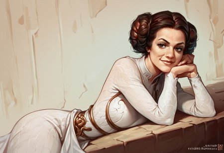 score_9, score_8_up, score_7_up, 1girl, SabuArt, Princess Leia, laying on her side, white dress, semi-transparent material, smirk, head rest, hand on hip,