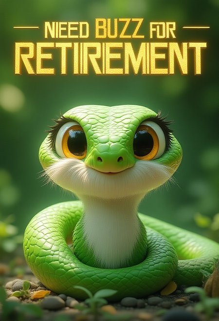 a high quality movie poster with bold lettering and a large snake focused and in frame, in big bold gold letters across the top "Need BUZZ for Retirement" as an old snake with a long white beard and glasses looks tired  <lora:flux-cute-snake:1> cute snake, faded green scales, bright shiny yellow eyes, (anime, masterpiece, intricate:1.3), (best quality, hires textures, high detail:1.2), (4k),(incredibly detailed:1.4),UHD, 8K, ultra detailed