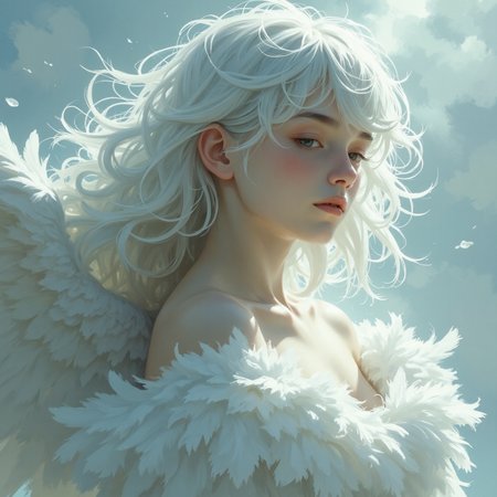 This artwork presents a delicate, ethereal woman adorned with soft feathers, giving her an angelic, otherworldly presence. With her porcelain-like skin, gentle expression, and flowing, feathered elements, she exudes tranquility, innocence, and mystery. The monochromatic color palette of cool whites and grays enhances the ghostly, dreamlike quality, making her appear as a vision of purity or a spirit caught between worlds. The image invites contemplation of themes such as beauty, transcendence, and the fragile nature of existence, capturing a serene moment of surreal elegance.