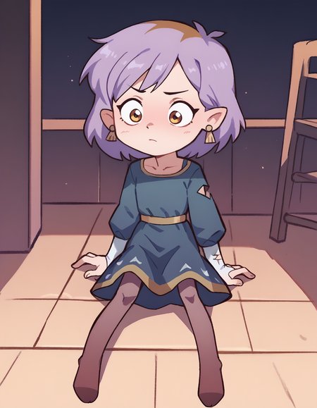 score_9, score_8_up, score_7_up, score_6_up, score_5_up, score_4_up, solo, 1girl, solo,
<lora:Orenji v3:1> orenji, <lora:Amity Blight:0.8> amity blight, purple hair, pantyhose, long sleeves, blue dress, no shoes, full body, sitting,