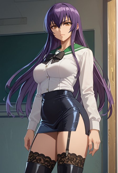 score_9, score_8_up, score_7_up, 1girl, looking at viewer, cowboy shot, 
<lora:Saeko_Busujima_Dwnsty_r1:0.8>, 
saeko_busujima, purple hair,  long hair, hair between eyes, school uniform, serafuku, black pencil skirt, black bowtie, black thighhighs, thighhigh boots, black garter strap, side slit,
4k,high res, highly detailed,
Standing,