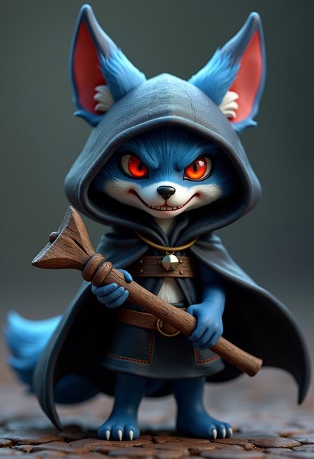 A 3D render of a heroic determined fearsome miniature female blue fox with a billowing dark black cloak, holding a crooked old wooden stagg, Warhammer background. Dynamic pose. torso shown through between folds of the cloak as it billows open. glowing red eyes and a fierce white grimace. angry expression.  Pixar style features.