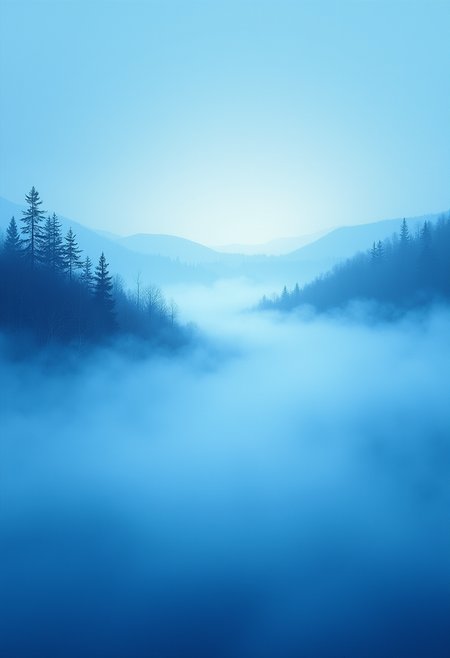 Craft a captivating image that embodies the essence of November's atmosphere, featuring a delicate yet vibrant thin blue veil of mist hovering just above the Earth. Envision this ethereal layer merging harmoniously with the cerulean sky, creating an enchanting scene filled with subtle movement and tranquil mystery. Let the composition be bathed in soft diffused light that dances across the landscape below, casting a dreamlike glow upon every element within the frame. The style of this work should lean towards an Impressionist approach, with gentle brushstrokes capturing the nuances of light, color, and texture, immersing viewers in the dreamy allure of this mesmerizing scene. ,  ,