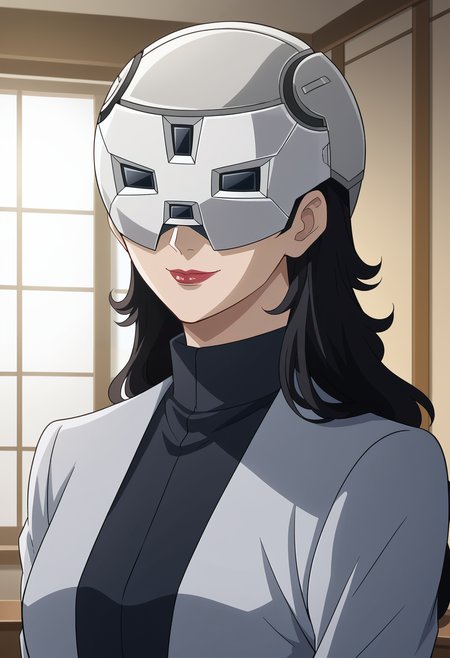 <lora:Prospera_Mercury-Suisei_no_Majo:0.85>,prospera,1girl,solo,black hair,long hair,mask,helmet,lipstick,helmet over eyes, 
formal,upper body, looking at viewer, smile,indoors