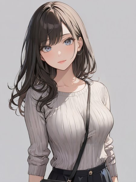 masterpiece,ultra-detailed,best quality,8K,illustration,cute face,clean skin ,shiny hair,girl,ultra-detailed-eyes,simple background, <lora:add-detail-xl:1> <lora:strap between breasts_XL_V1.0:0.7> strap between breasts,between breasts,sweater,bag