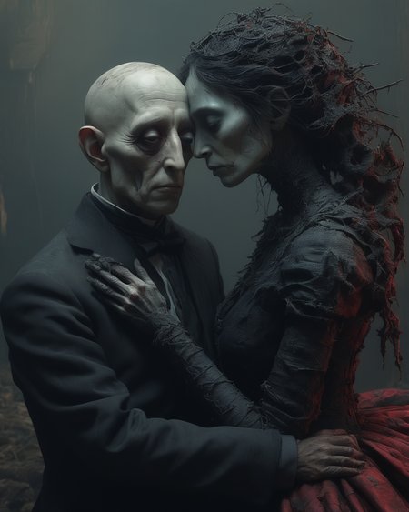 heartbroken liches, married liches getting a divorce, heartache, sad, melancholy, Tim Burton, Nicola Samori, Beksinski,  dystopian surrealism, vivid color, <lora:add-detail-xl:0.85> <lora:xl_more_art-full_v1:0.6>  <lora:XSfenlie:1> fenliexl
