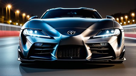 symmetrical,toyota supra <lora:Supra:0.6>,high detailed,best quality, front view bonnet,shining headlights,night city,closeup