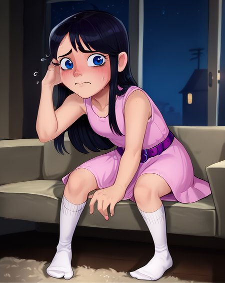 score_9, score_8_up, score_7_up, 
Expressiveh ,
sitting on sofa,
indoors, detailed background, night, full body,
pale skin, blushing, shy, inexperienced, embarrassed, uncomfortable, looking at the viewer,
 <lora:IsaPF:1> IsaPF, 1girl, long black hair, dark blue eyes, pink bow, sleeveless pink dress, purple belt, round purple buckle, white socks
 <lora:Shadman:1>
 <lora:fir3bornstyle:0.3> fir3born artstyle,