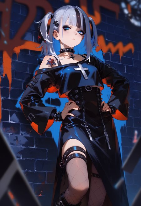 score_9, score_8_up, score_7_up, rating_suggestive, (gawr gura:1.1), sleek [goth|punk] girl, realistic, from below, in the alleyway, standing, (cool fashion pose:1.1), looking away, gothic mascara, (fishnet:1.25), bangs over eyes, bored expression, hand on hip, 
BREAK 
cool stylish woman, half-closed eyes, slight breasts, two side up, white hair, (goth-punk hairstyle:1.1), narrow waist, slim legs, (anorexic), pale skin, (streaked hair:1.1), detailed skin, (covered gothic shoulder tattoos:1.15), combat boots, floral filigree, 
BREAK 
oversized emo (hoodie:1.1), thigh-high stockings, (long skirt, off-shoulder:1.15), (silk clothing), choker, (goth:1.1) (emo:0.85) \(clothing\), (decorative belts:1.1), goth eyeliner, thigh strap, arm belts, oversized sleeves, EyeDetail, [black|red] (lipstick:0.8), 
BREAK 
(amazing quality, intricate detail:1.2), detailed background, glowing graffiti on walls, (red light:1.1), low light, eye lighting, (darkness:1.1), (43stl1ght1ng:1.1), ultra-highres, subtle blush, (depth-of-field), slightly parted lips, cross pendant, 1dk, 
<lora:43stl1ght1ngXLP2:0.65>, <lora:Pony_DetailV2.0:1.55>, <lora:1dkXLP:0.75>, <lora:guraXL:0.25>