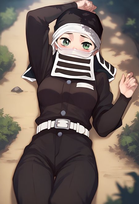 score_9, score_8_up, score_7_up, source_anime, masterpiece, 1girl, ctiankakushi, green eyes, medium breasts, black headwear, mouth mask, black uniform, white belt, black pants, lying, ground, looking at viewer, outdoors, forest, depth of field, sunny, daytime, blush, <lora:Kakushi_Pony_ct:1>
