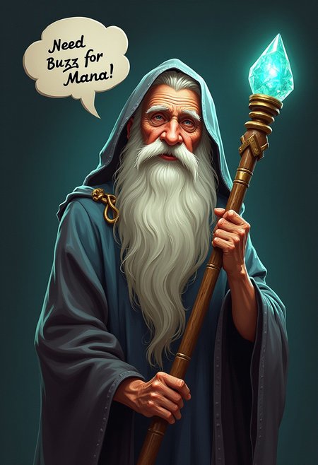 old wizard,holding  staff  topaz stone on it, speech bubble says "need buzz for mana"
