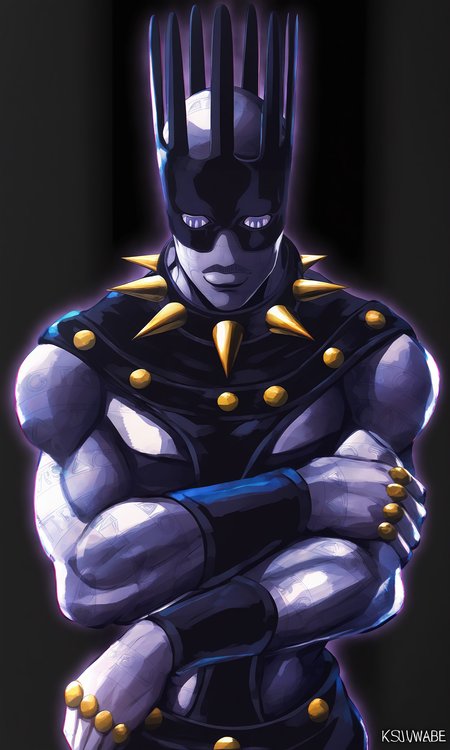 masterpiece, best quality, absurdres,
stand(jojo), artist:ksuwabe,
upper body, crossed arms,
white_snake\(jojo_stone_ocean\), solo,
mask, crown, spiked collar,
tattoo, wristband,
purple skin, glowing outline, purple outline,shiny, reflection,
dark  background,
<lora:JOJO_WhiteSnake_iXL-000019:1>
