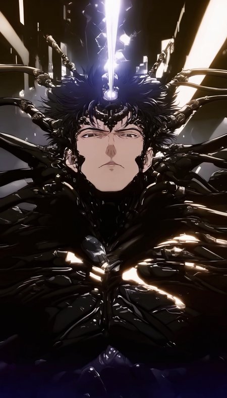 1boy, male focus, black hair, solo, armor, weapon, head beam, science fiction, looking at viewer, black armor, short hair, upper body, closed mouth