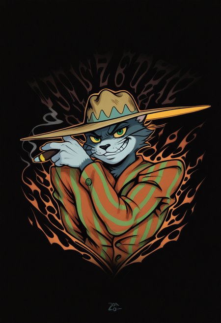 masterpiece, best quality, Graphic Design, color art, vibrant colors, colorful, intricate details, high contrast, detailed background, beautiful detailed, beautiful face, detailed eyes, detailed face, new, newest, z00tt0m, 1boy, solo, male focus, furry, cat, yellow sclera, green eyes, grey fur, whiskers, hat, formal, suit, striped jacket, simple background, black background, upper body, dutch angle, dynamic pose, (jojo pose, orange aura, menacing), perspective, dutch angle, looking at viewer, smoking, cigar, grin,