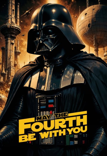 a stylized poster featuring a prominent science fiction theme. The layout is vertical, with a central focus on a character wearing a black, glossy helmet and armor, reminiscent of a Darth Vader. The background includes a large, spherical space station and several spacecraft, all rendered in a sepia tone, giving the image a vintage feel. The text 'MAY THE FOURTH BE WITH YOU' is prominently displayed in bold, yellow, capitalized letters at the bottom, with a slight diagonal alignment. The overall color scheme is dark with contrasting yellow highlights, creating a dramatic and iconic appearance.