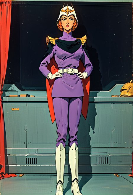 FGKycilia, 1girl, orange hair, no ears, black eyes, lipstick, solo, looking at viewer, purple military uniform, helmet, sword on hip, long sleeves, belt, cape, white gloves, pants, knee boots, spaceship interior, red curtains, throne room,