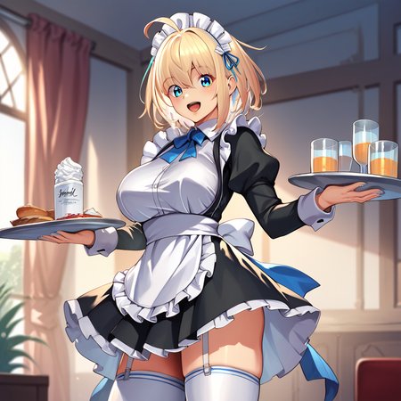 1girl, solo, sophia-f-shirring, 1girl, blonde hair, breasts, solo, blue eyes, maid, apron, maid headdress, looking at viewer, ahoge, thighhighs, smile, tray, dress, open mouth, long sleeves <lora:Sophia_F_Shirring:1>, score_9, score_8_up, score_7_up, score_6_up, source_anime,