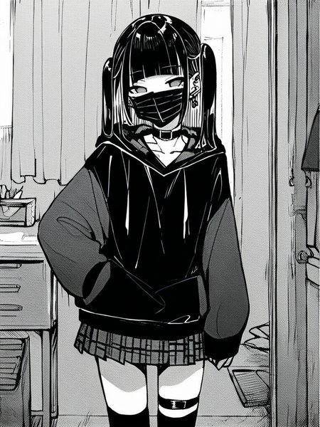 score_9, score_8_up, score_7_up,  
1girl,  monochrome,
black hair, blunt bangs, long hair, two side up, grey eyes,
empty eyes, black mask, mouth mask, earrings, choker,
standing, indoors, looking at viewer, hoodie, plaid skirt, short skirt, thighhighs, thigh strap,