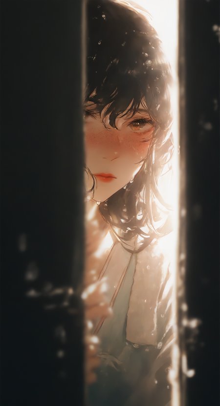 masterpiece, best quality, good quality, very awa, very aesthetic, absurdres, newest, 1girl, solo, delicate hanfu,highly detailed, looking at viewer, blush, brown eyes, black hair, black hair, closed mouth, upper body, indoors, blurry, wet, lips, blurry background, depth of field, expressionless, towel, freckles, blurry foreground, water drop, nose, door, red lips, wet hair, open door, peeking, Eye Reflection, backlighting,bloom, <lora:ponyv6_noobV1_2_adamW-000017:0.7> <lora:USNR_STYLE_XL_lokr:0.45> <lora:WSSKX_WAI:0.7>