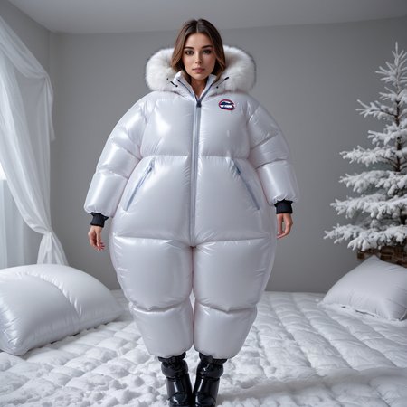 one cute american women wearing a large inflatable rubber downsuit puffer_downsuit , hyperdetailed photography,4k textures,intricate details,4k resolution,  <lora:puffer_downsuit_v1:0.6>, snow bedroom scene
 <lora:inflatablerubber:0.9>