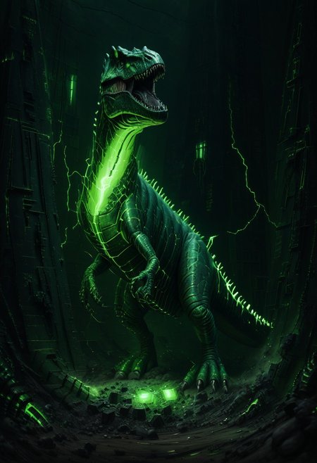 Necron, electricity, green glow, green theme, dinosaur,