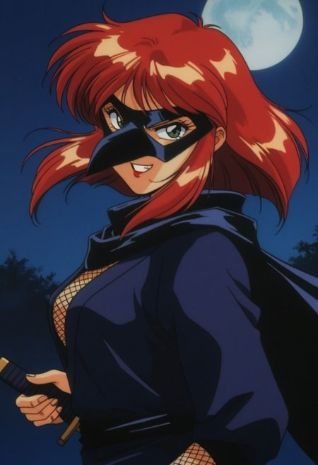 1990s_\(style\),retro_artstyle,1girl,solo,red_hair,red_lips,domino_mask,v-shaped eyebrows,looking_at_viewer,grin, fishnets,black_ninja_outfit,sword,long_sleeve, upper_body,from_side,night,full-moon,BREAK score_9, score_8_up, score_7_up, masterpiece, best quality, (retro_artstyle,source_anime:1.2),1990s_\(style\),official art,perfect_anatomy