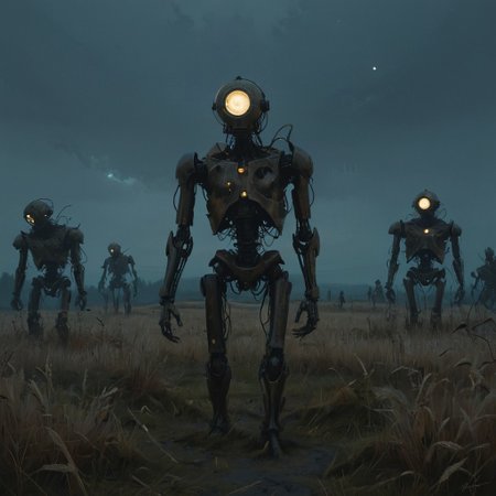 a painting that captures the essence of a poem: 
(Fields where machine souls rust under the light of a dying star, 
Veni, vidi, vici; 
When heaviest is the crown of the ghost of a god, none dare come out to play; 
Use caution when dealing with the fallible tenets of the aegis rimwalkers; 
Cyborg religious sects turned loose with the coming of the new dawn; 
I offer this advice in earnest, for soon we shall see many a truth uncovered; 
Do not despair my voidwalker, for what happens in the dark is destined to come to light, now and forever more...), 
Andrei Tarkovsky Style page,detailxl,in the style of simon-stalenhag,