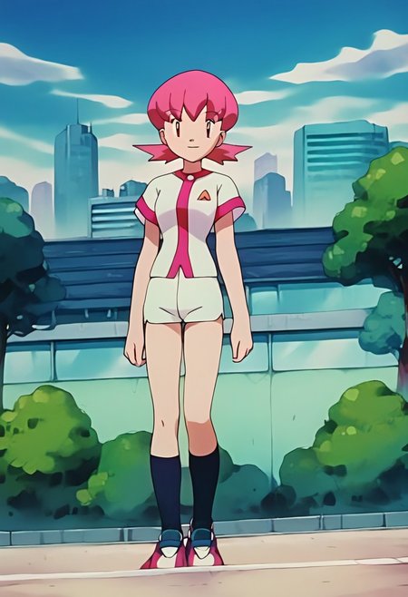 score_9,score_8_up,score_7_up,score_6_up, 
PKMNWhitney, 1girl, pink hair, short hair, bangs, twintails, pink eyes, eyelashes, white shirt, short sleeves, white shorts. short shorts, socks, shoes
standing, smiling, cityscape, trees, sky, buildings, clouds, sunlight, day, cowboy shot, close-up, solo, looking at viewer