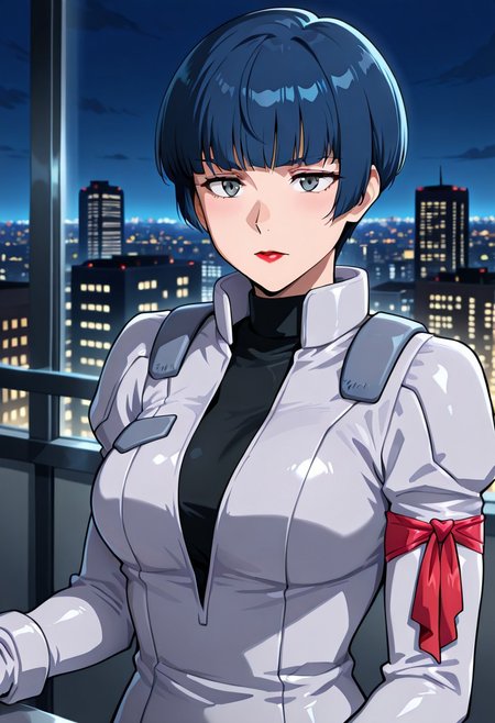 ((masterpiece, absurdres)), best quality, amazing quality, newest, 4k, anime coloring, very aesthetic, ray tracing, Smooth Quality, CG,city view,Miliera,1 female, blue hair, bowl haircut, grey eyes, red lips, pilotsuit, turtleneck t-shirt, arm ribbon,gloves