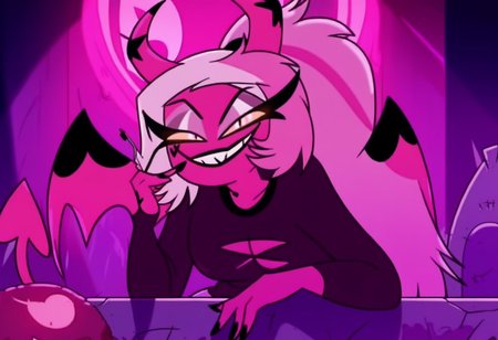 VerosikaMayday. VerosikaApologytour. demon girl. pink skin. horns. female focus. tail. wings. succubus, smile, teeth, nail polish, grin, evil smile, evil eyes, goth make up, sitting on grave, Oudoors, graveyard, looking at you, smoking