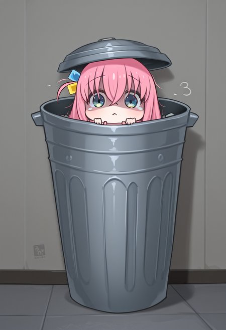 (masterpiece, high quality, amazing detail), highres, 1girl, gotoh hitori,  in trash can, chibi, cute, look at viewer, <lora:In_trash_can:1>